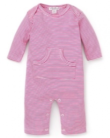 The perfect striped shortall crafted in soft cotton and accented with vented shoulders and a front kangaroo pocket.