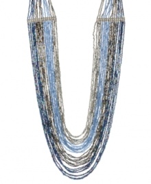 Go to great lengths. Kenneth Cole New York's striking long necklace is elaborately embellished with blue and silver bugle bead strands. Set in hematite tone mixed metal. Approximate length: 32 inches.