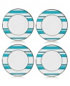 Thick and thin turquoise stripes and pretty platinum trim give these Mikasa Color Studio accent plates a look of easy sophistication.