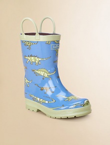 He'll love stomping in puddles when he pulls on these adorable rubber boots with a soft jersey lining, dinosaurs and handles for easy on and off.Rubber upperCotton liningRubber soleImported