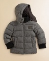 A puffy wool jacket reverses to a quilted topper with detachable hood, stand collar and side slash pockets.Detachable hoodStand collarLong sleevesFull-zip frontSide slash pocketsWoolReverse: PolyesterDry cleanImported