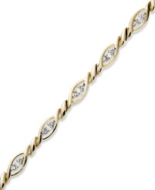 Up your glam factor. Yell'Ora's trendy twisted bracelet showcases round-cut diamonds front and center (1/3 ct. t.w.). Base metal made from a combination of pure gold, sterling silver and palladium. Approximate length: 7-1/2 inches.