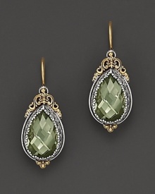 Faceted prasiolite teardrops, framed in sterling silver and finished with elegant 18K yellow gold scrollwork.