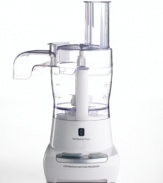 Wolfgang Puck wants to change the food prep process. His innovative food processor features a unique, spouted continuous flow lid that lets you slice, shred, chop, mix, knead, puree or emulsify directly into a separate container. One-year warranty. Model WPFPR035.