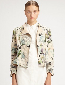 Contrasting floral print and a corded texture invigorate this timeless silk-rich motorcycle jacket. MockneckSnap closuresAsymmetrical front zipperThree-quarter sleevesBias zip cuffsZippered back ventAbout 20 from shoulder to hemBody: SilkTrim: PolyesterDry cleanImportedSIZE & FITModel shown is 5'10 (177cm) wearing US size 4. 