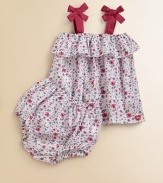 A beautiful, colorful, floral print set with matching bloomers is the perfect seasonal ensemble.Squareneck with ruffle trimWide straps with bowsPullover styleMatching bloomers with elastic waistband and leg openingsCottonMachine washImported