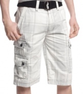 Kick back in the cool urban comfort of these plaid cargo shorts from Wear First.