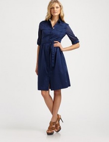 A decidedly feminine take on the classic shirtdress, thanks to sheer, button-tab sleeves and flattering, gathered waist details.Collar neckSheer, elbow-length sleevesButton frontSelf-tie beltPrincess seamsAbout 27 from natural waistCottonDry cleanImported Model shown is 5'11 (180cm) wearing US size 4. OUR FIT MODEL RECOMMENDS ordering true size. 