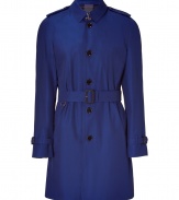 Channel quintessential British style in this luxe short trench from Burberry London - Front button placket, detachable belt at waist, belted cuffs, back storm flap yoke, D-ring detail at back waist - Wear with slim trousers, a striped button down, and dress shoes