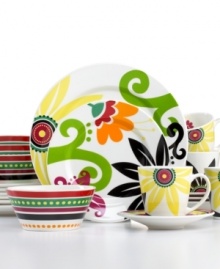 Corona mixes giant florals with colorful dots and stripes in a dinnerware set that doesn't skimp of style. Service for four is dishwasher and microwave safe, fun for every day.