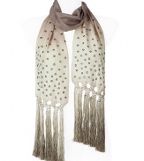 Luxurious scarf in fine printed silk - fashion color taupe, decorative tie-dye optic - a dream accessory, nice and long, moderate width - stylish XL-fringes - noble, glamorous AND trendy - pairs with literally everything in your closet, from a simple shirt to a shift dress to a biker jacket