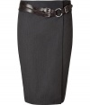 Stylish skirt in fine charcoal grey heather wool - Elegant leather belt - Typical pencil cut, slim and knee length - The eye-catcher: the decorative double buckle belt and overlapping wrap - A hit for work and parties - Pair with a white shirt or chiffon top - as well as pumps, booties or sandals