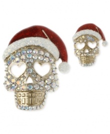 Have yourself a scary little Christmas. Betsey Johnson blends the holidays with this Santa skull pin set, crafted from antique gold-tone mixed metal with glass crystal accents. Items come packaged in a signature Betsey Johnson Gift Box. Approximate length: 1 inch to 2 inches. Approximate width: 3/4 inch to 1-1/2 inches.