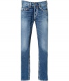 With Western-inspired details, these exclusive blue accented jeans from True Religion will amp up your casual basics - Classic five-pocket styling, fading details, decorative back pockets with logo detail, contrast stitching accented in blue - Straight leg, slim fit - Pair with a tee and a blazer or a cashmere sweater