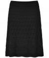 Sumptuous Italian knits and playful patterns lend this black Missoni skirt its boho-chic appeal - Flattering A-line silhouette bells gently at hem - Semi-sheer, double layer style with a slip on, banded waist - Slim cut, hits above the knee - Pair with a tunic top or a button down blouse and heels or ballet flats