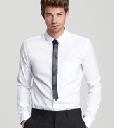 This crisp, slim fit shirt from HUGO includes a super skinny leather tie, with leather accents at the chest pocket.