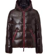 A sleek patina and vibrant contrast piping lend this Duvetica down jacket its sporty and stylish edge - In a lighter weight, wind- and water-resistant dark brown polyamide with red trim - Straight cut fits close to the body for extra warmth - Full zip, hood and oversize diagonal zippered pockets at front - Perfect for cold weather casual looks - Pair with jeans, chinos, cords and athletic pants