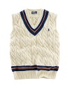 The essential sweater vest is rendered in handsome cabled cotton with preppy stripes.