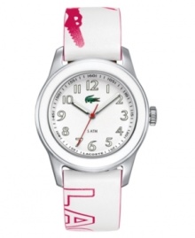 Give an edge to your style with this hot watch by Lacoste. White logo-embossed leather strap and round stainless steel case. White dial with numerals and logo. Quartz movement. Water resistant to 50 meters. Two-year limited warranty.