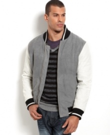 Score big style in points in the sleek leather and suede varsity bomber jacket by Sean John.