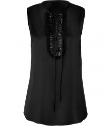 Ultra chic black ruffled silk top from LAgence - Add an edgy feminine vibe to your look with this luxe silk blouse - Sleeveless, ruffle front detail with tie-neck, rounded neckline - Wear with a pencil skirt, fishnets, and peep-toe wedges