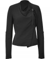 An edgy take on the classic black blazer, this version from Helmut Lang boasts a flattering drape and an on-trend asymmetrical closure - Round neck, long sleeves with seaming detail, asymmetrical fold-over closure with silver D-ring, adjustable back belt - Style with moto-inspired skinny jeans, a draped tank, and platform pumps