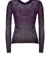 The perfect companion to trend-favorite leather leggings, Theyskens Theorys gauzy knit pullover counts as a modern must-have - Rounded neckline in front, V-neckline in back, raw edges, slightly longer back hemline - Layer over a neon bra top to play up soft lilac and turquoise coloring