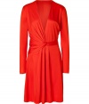 Vermillion-hued and super-sleek, this silk frock from Issa is party-perfect - Deep V-neckline with faux-wrap detail, long sleeves, waistband with asymmetric draped detail, skirt with front draped detail, concealed side zip closure - Fitted draped silhouette - Style with peep-toe platform, a sleek trench, and a classic clutch