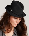 The classic trilby style hat gets a Burberry update with signature check lining and belted trim.