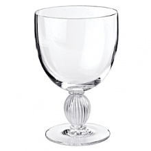 Detailed with Lalique's signature touch - a swirl of frosted glass on the stem. Shown from left to right: carafe, pitcher, flute, goblet, wine glass, small wine glass.