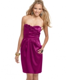 BCX gives a strapless satin dress a modern makeover with a ruffled sweetheart neckline. The gathered waist creates a skirt silhouette that's to die for!