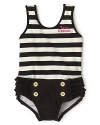 Ahoy, matey! With classic nautical stripes, gold buttons and ruffles on the tush, this adorable Juicy Couture swim suit is perfect for fun in the sun.