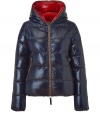 A sleek outer shell and vibrant contrast lining lend this Duvetica down jacket its sporty and stylish edge - In a lighter weight, wind- and water-resistant dark blue polyamide with brown trim - Slim cut tapers through waist and fits close to the body for extra warmth - Full zip, hood and oversize diagonal zippered pockets at front - Perfect for cold weather casual looks - Pair with denim, leggings and cords