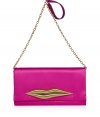 A classic DVF style filled with sartorial sass, this satin lip clutch is a statement accessory guaranteed to amp up your outfit - Flap with matte gold-toned lip embellishment, magnetic snap underneath, removable chain and satin shoulder strap, inside zippered back wall pocket - Carry with printed day dresses or flirty cocktail sheaths with just as bright heels