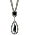 This Charter Club necklace features a teardrop shaped pendant embellished with glass accents and jet epoxy stones strung on three silver tone chains. Crafted in imitation rhodium tone mixed metal. Approximate length: 16 inches + 2-inch extender. Approximate drop: 1-3/4 inches.