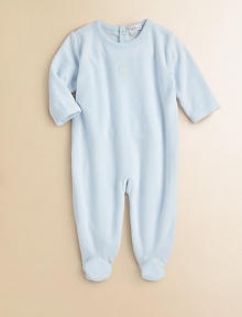 A charming one-piece, crafted in lush velour, with moon and star embroidery and scalloped trim for sweet baby style.CrewneckLong sleevesBack snapsDrop seat with snaps80% cotton/20% polyesterMachine washImported Please note: Number of snaps may vary depending on size ordered. 