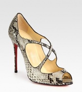 Enticing python design with skinny criss-cross straps and an ultra-high heel. Self-covered heel, 4 (100mm)Python upperLeather liningSignature red leather solePadded insoleMade in Italy