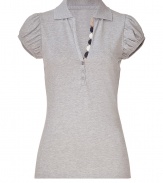 A feminine choice with its deep V-neckline and sweet puffed short sleeves, Burberry Brits polo shirt is a stylish way to dress up your basics - Spread collar, V-neckline, puffed short sleeves, partial button placket with characteristic check trim - Form-fitting - Channel preppy style and wear with jeans and bright loafers