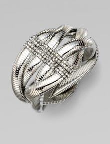 Interwoven bands of ribbed silvertone create a dramatic look, with a Swarovski crystal-set clasp.CrystalSilverplatedDiameter, about 2½Magnetic snap claspMade in Italy