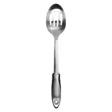 For stirring and draining vegetables, try OXO International's Stainless Steel Slotted Spoon. Its contoured handle is comfortable in your hand while the sturdy stainless steel construction makes it extra durable. This features brushed stainless steel handles for strength and durability and OXO's trademark flexible fins for ultimate comfort.