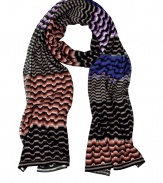 Add luxe style to your everyday essentials with this bold patterned scarf from Missoni - Easy to style length, all-over stripe pattern - Pair with straight leg jeans, a cashmere pullover, and a modernized parka