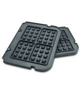 Nonstick waffle plates bring even more versatility to your griddler. Easily snapping onto the griddler, these nonstick plates bake 4 deep-pocketed Belgian waffles at once and wipe clean for a quick, delicious mess-free treat. 3-year limited warranty. Model GR-WAFP.