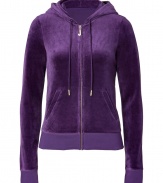 Paint color into your casual attire with this rich blackberry velour hoodie from Juicy Couture - Hooded, front zip closure, long sleeves, split kangaroo pocket - Slim fit - Pair with matching pants, favorite jeans, or mini-skirts