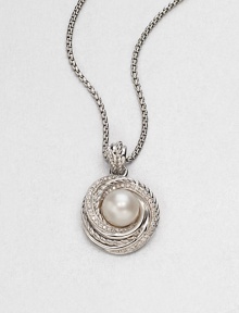 From the Pearl Crossover Collection. A luminous freshwater pearl surrounded by a swirl of dazzling diamonds and sleek sterling silver cables on a box chain. Freshwater pearlDiamonds, .28 tcwSterling silverLength, about 17-18 adjustablePendant size, about .4Lobster clasp closureImported