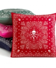 Renegade style rules with Lauren by Ralph Lauren's University Bandana decorative pillow, boasting a skull-and-crossbones design at center.