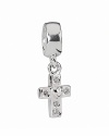 An elegant dangling cross charm from PANDORA in polished sterling silver with sparkling cubic zirconia accents.