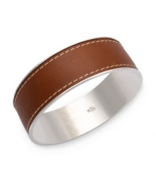 Wrap it up! Your wrists will be pleased to sport the latest trends in Lauren by Ralph Lauren's stylish bangle bracelet. Set in silver tone mixed metal and wrapped in genuine brown leather with inlay stitching. Approximate diameter: 2-5/8 inches.