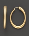 Oval hoops in matte 14K gold with a satin finish.