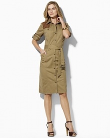 The quintessential Cornejo shirtdress is elegantly tailored from soft cotton chino and finished with a flattering belted waist and a chic gunpatch at the right shoulder for a rustic heritage flourish.