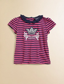 A whimsical crown applique and bold stripes give a sweet charm to this cozy cotton tee.Ruffled crewneckPuffed cap sleevesBack buttonsCottonMachine washImported Please note: Number of buttons may vary depending on size ordered. 